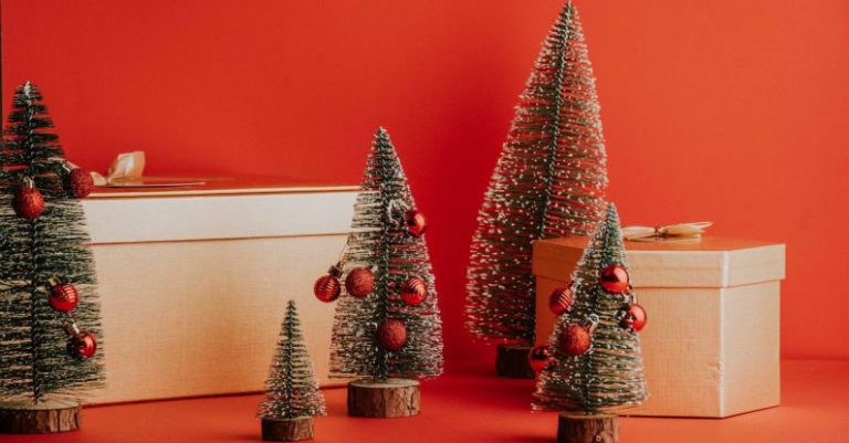 Hostess Gifts - Small christmas trees and boxes on a red background