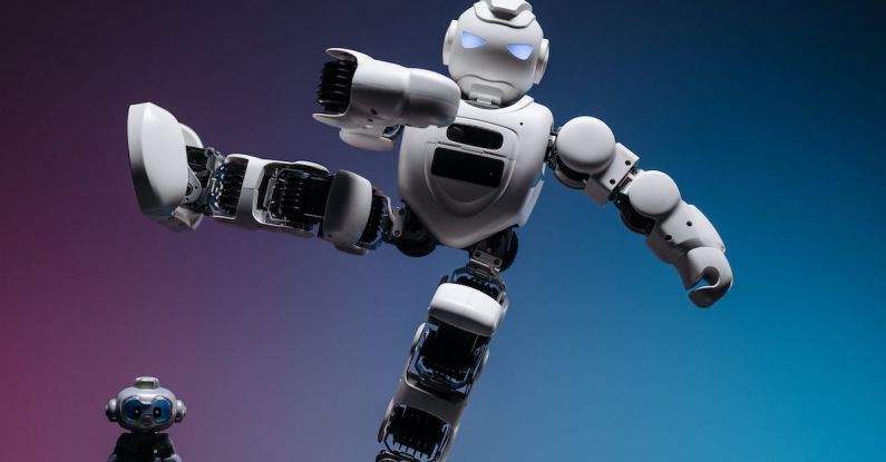 Tech Toys - A White Robot with Foot Above a Small Robot