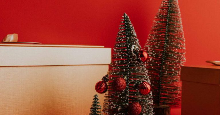 Experience Gifts - Small christmas trees and boxes on a red background